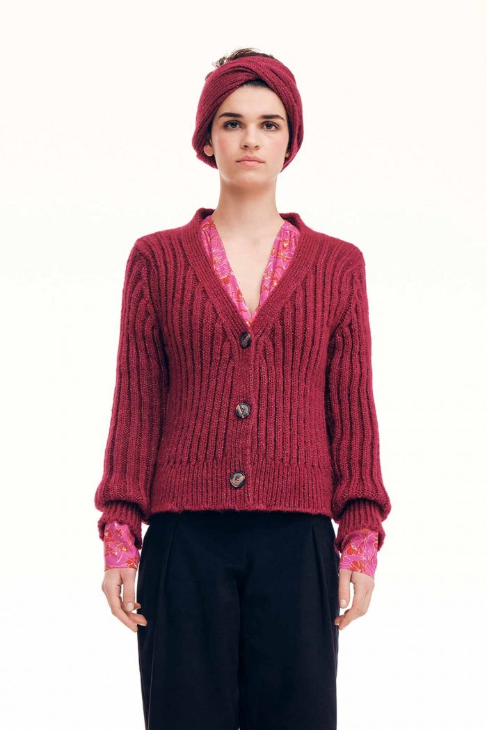 IOANNA KOURBELA 'NOBLE SPARKLING' MULBERRY PINK RIBBED CARDIGAN
