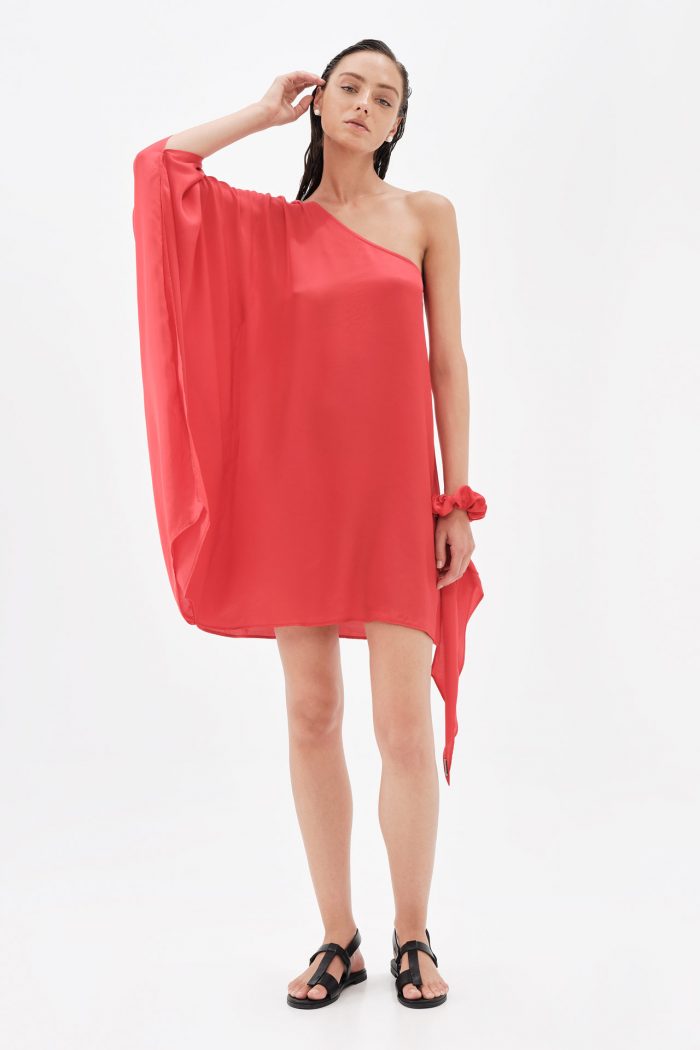 IOANNA KOURBELA 'AITHERIAL DREPARY' SOULFUL RED MINI DRESS WITH ONE SHOULDER
