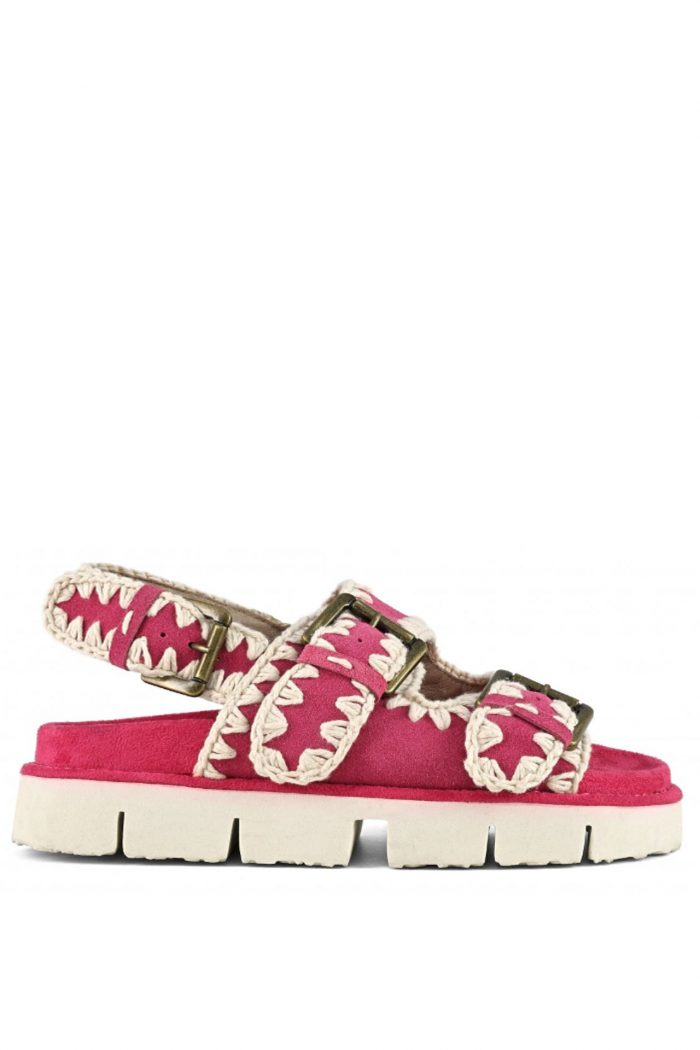 MOU FUCHSIA SUEDE BACK STRAP SANDALS WITH BUCKLES