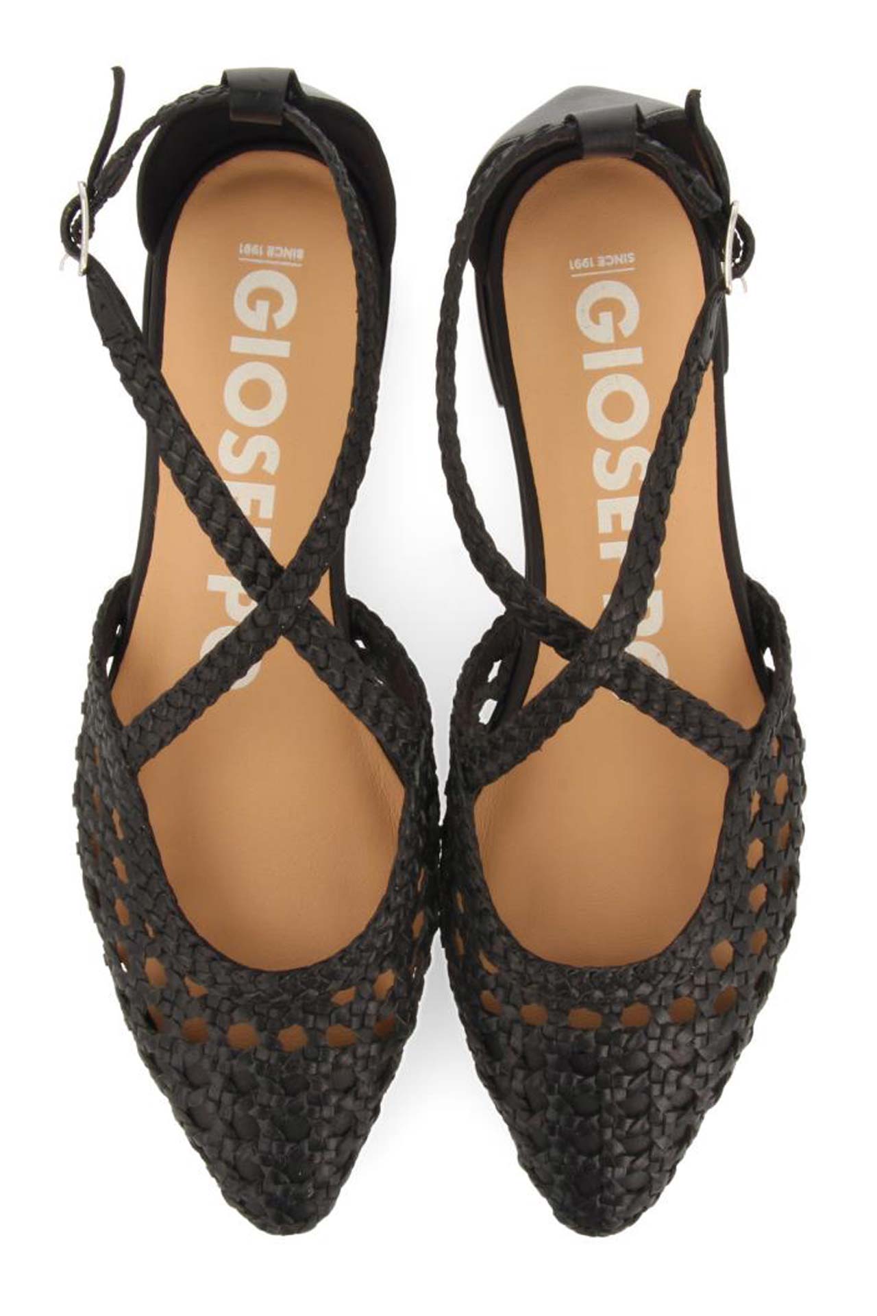 GIOSEPPO LESKOVIC BLACK LEATHER BALLERINAS WITH BRAIDED DETAIL