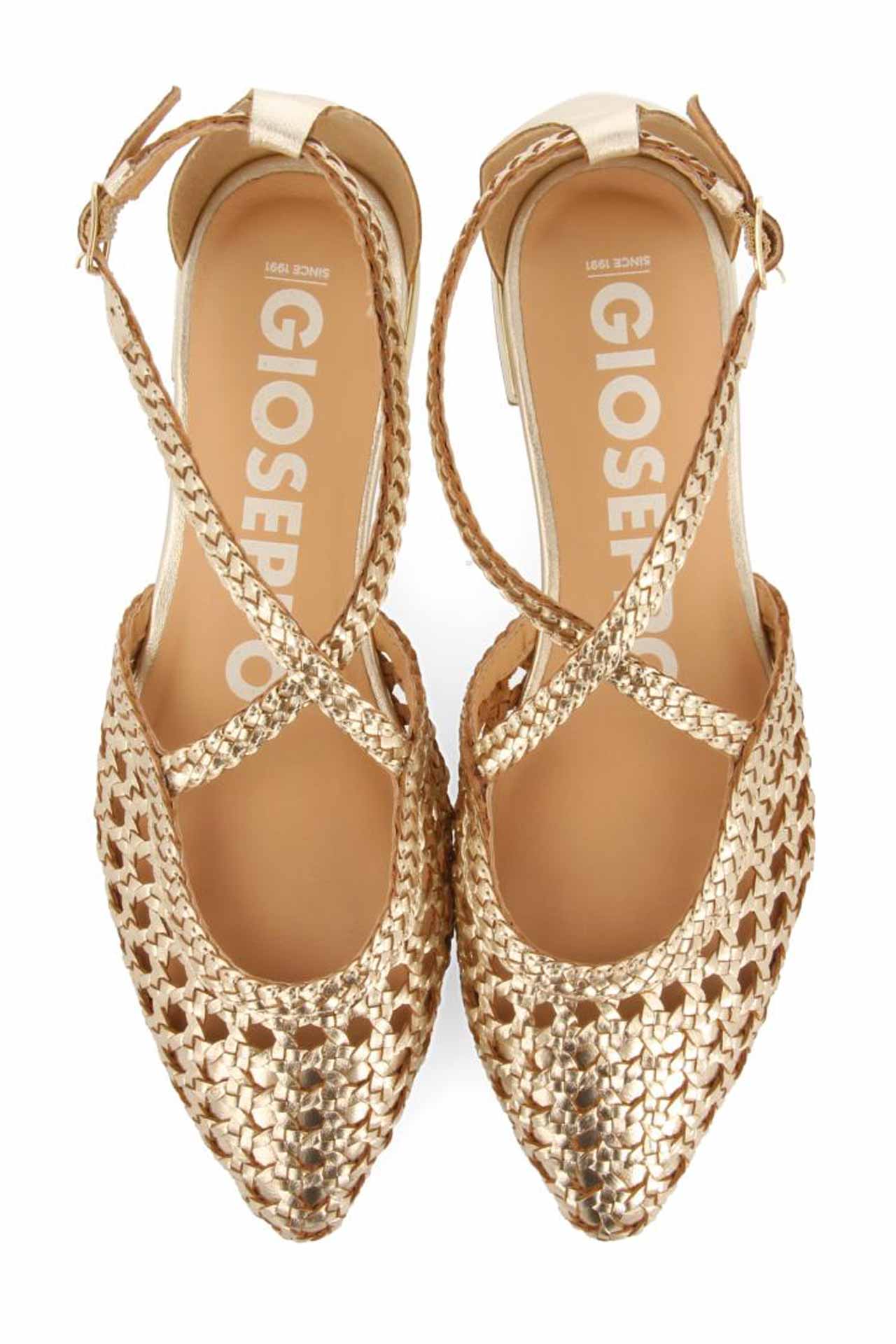 GIOSEPPO LESKOVIC GOLD LEATHER BALLERINAS WITH BRAIDED DETAIL
