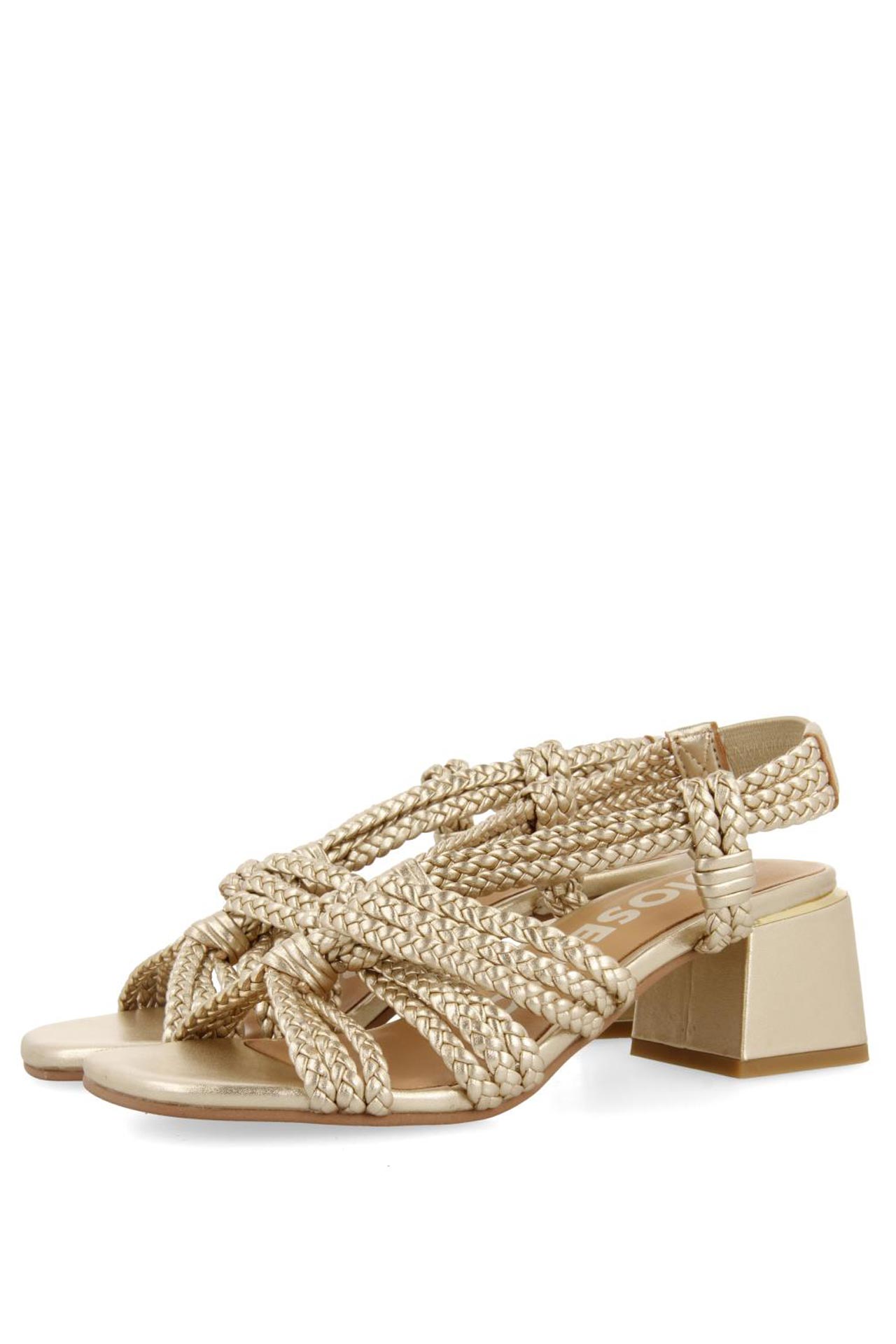 GIOSEPPO MALIQ GOLD LEATHER HEEL SANDALS WITH BRAIDED DETAIL